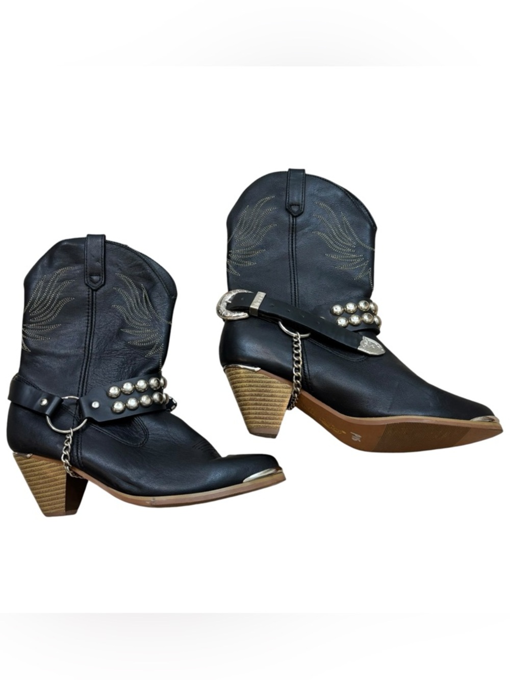 Ladies Dingo Brand Black Leather Studded Embroidered Mid Calf Boots Size 7.5